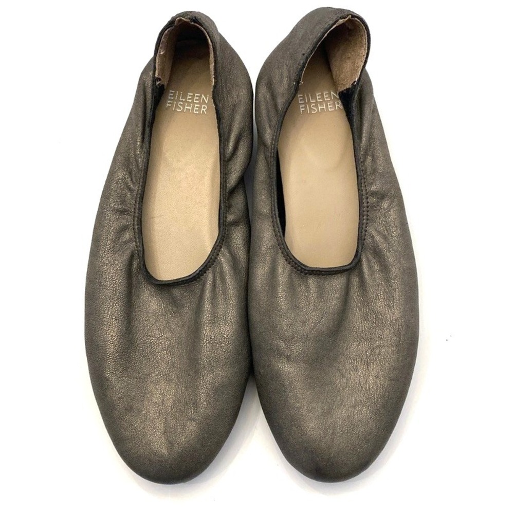 Eileen Fisher Metallic Pewter Leather Ballet Flats Wedge Arch Support Womens 7